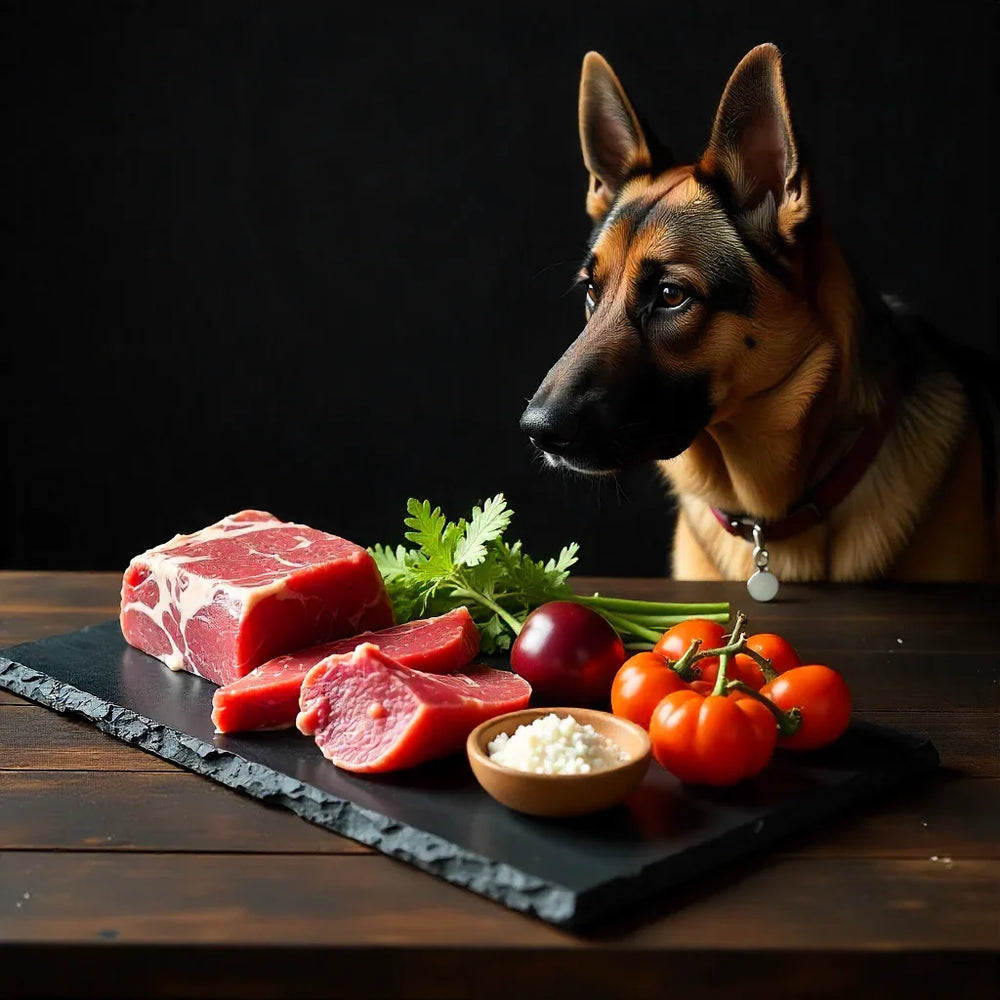 Dog with fresh meat and veggies for Raw Dog Food Canada