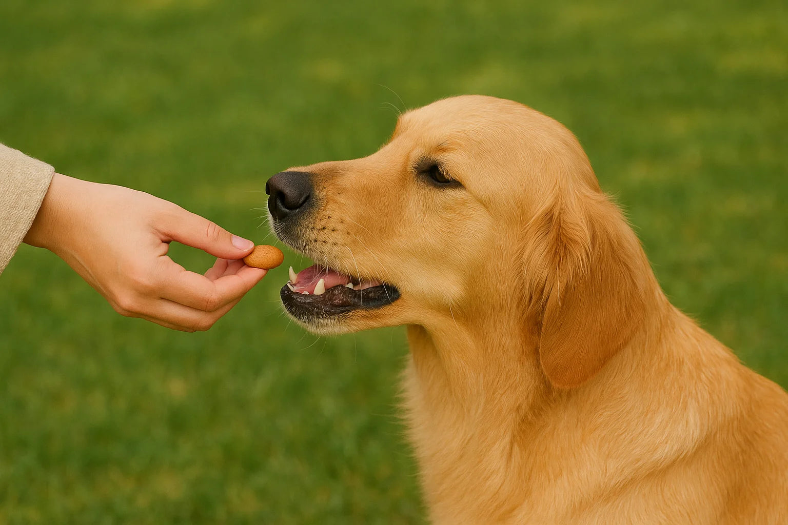 Happy dog being fed