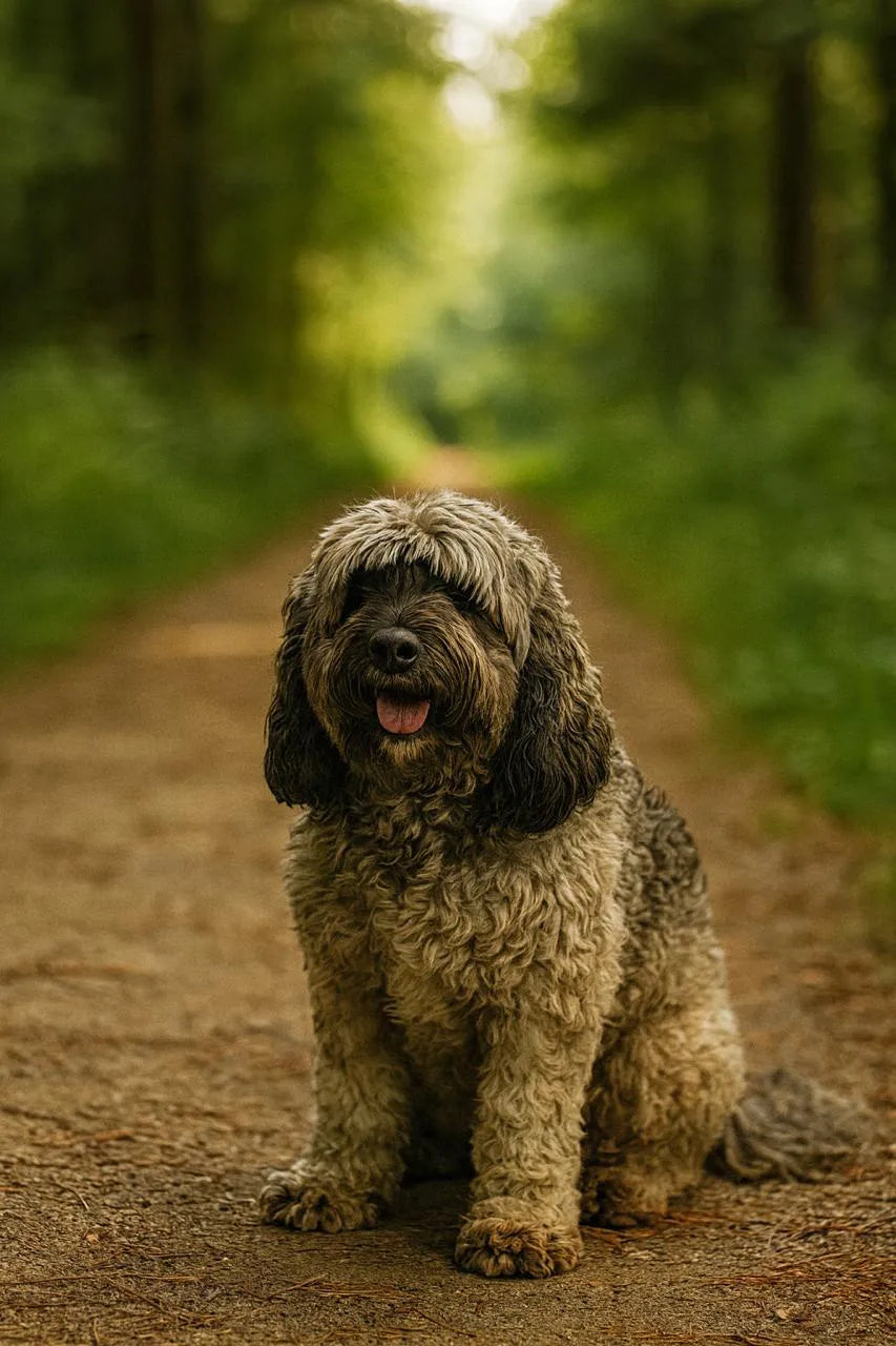 Fluffy brown dog sitting on forest path outdoors
