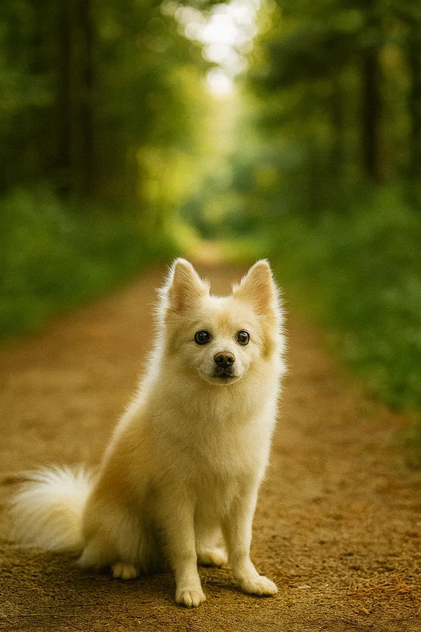 Cute cream-colored dog sitting on forest trail